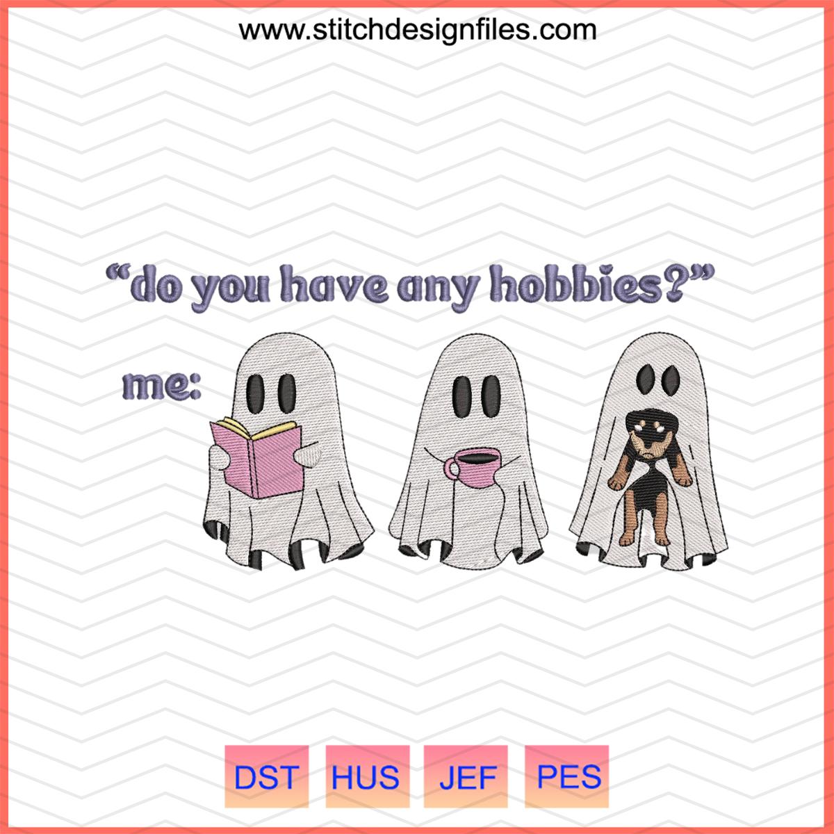 3 Ghost Hobbies Embroidery Design – Book Coffee Dog