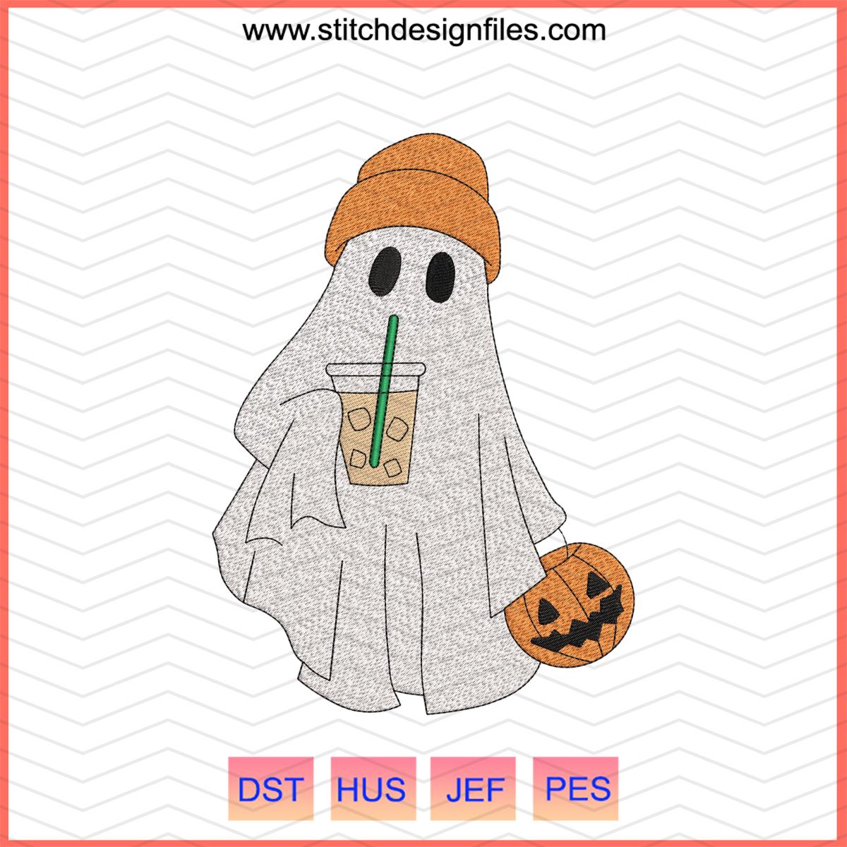 Ghost with Iced Coffee and Pumpkin Embroidery Design