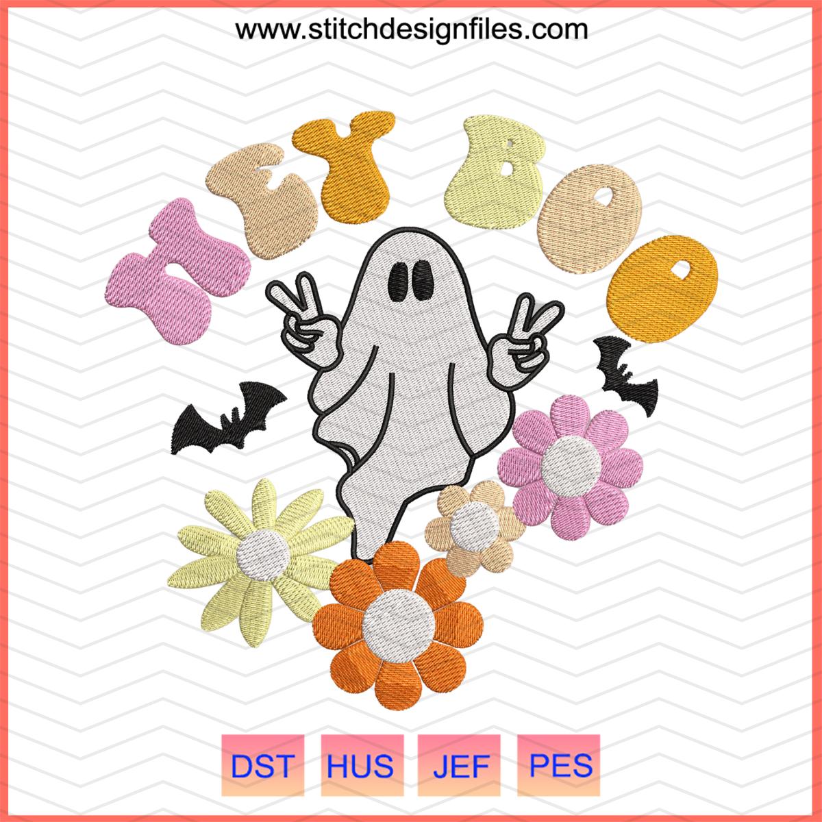Hey Boo Ghost with Flowers Embroidery Design