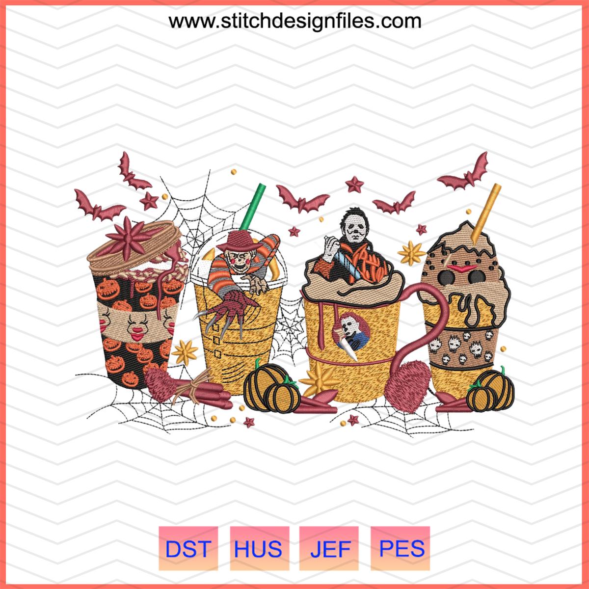 Horror Movie Characters with Coffee Cups Embroidery Design