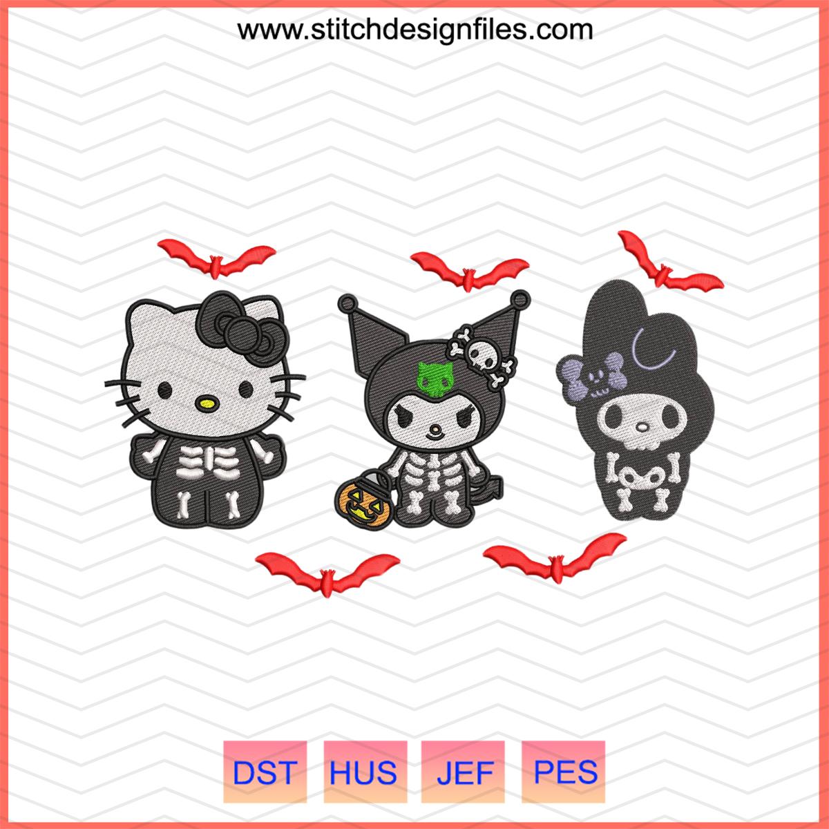 Kuromi x Hello Kitty and Melody Halloween Embroidery Design - kuromi x hello kitty and melody halloween embroidery design