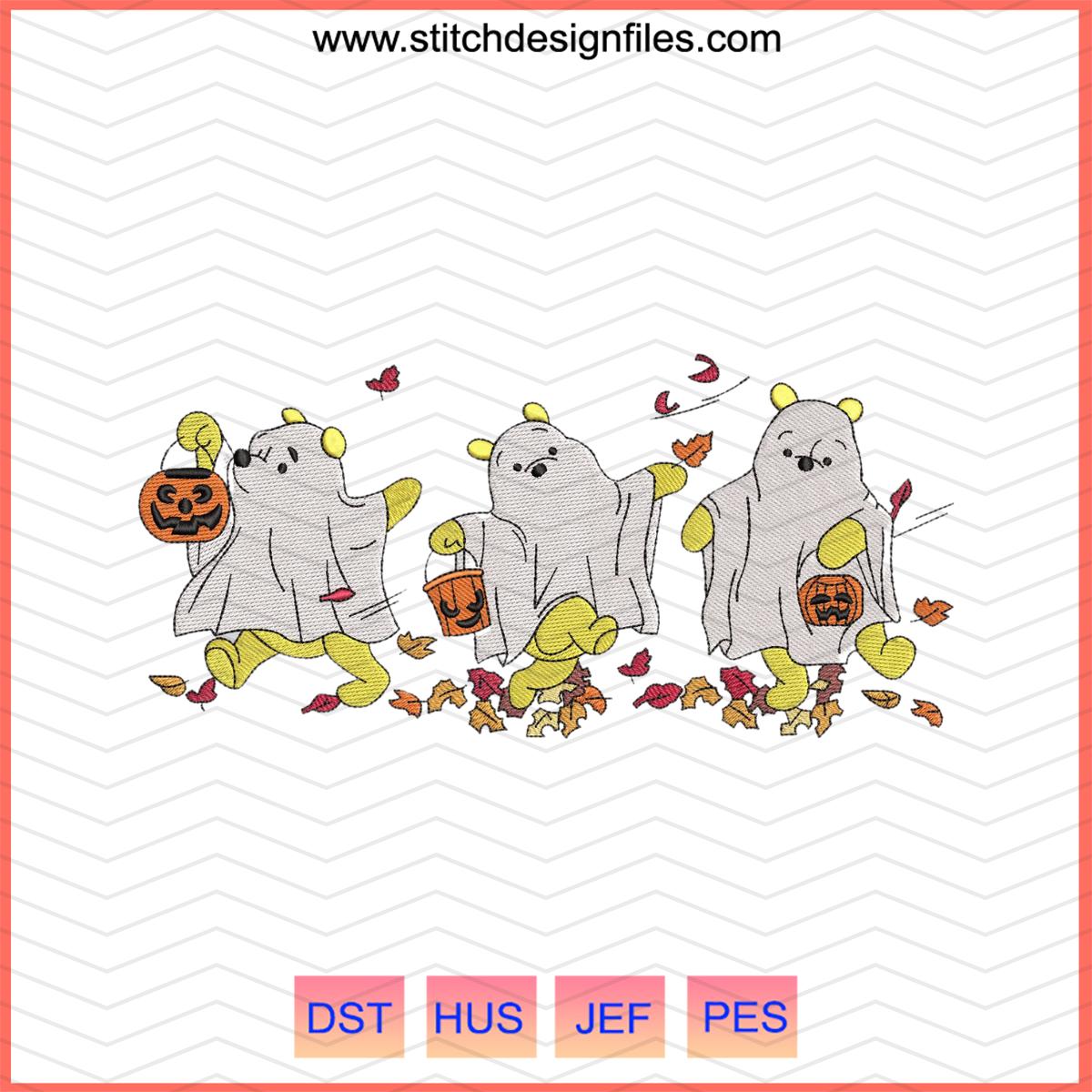 Pooh Ghost with Fall Leaves Embroidery Design
