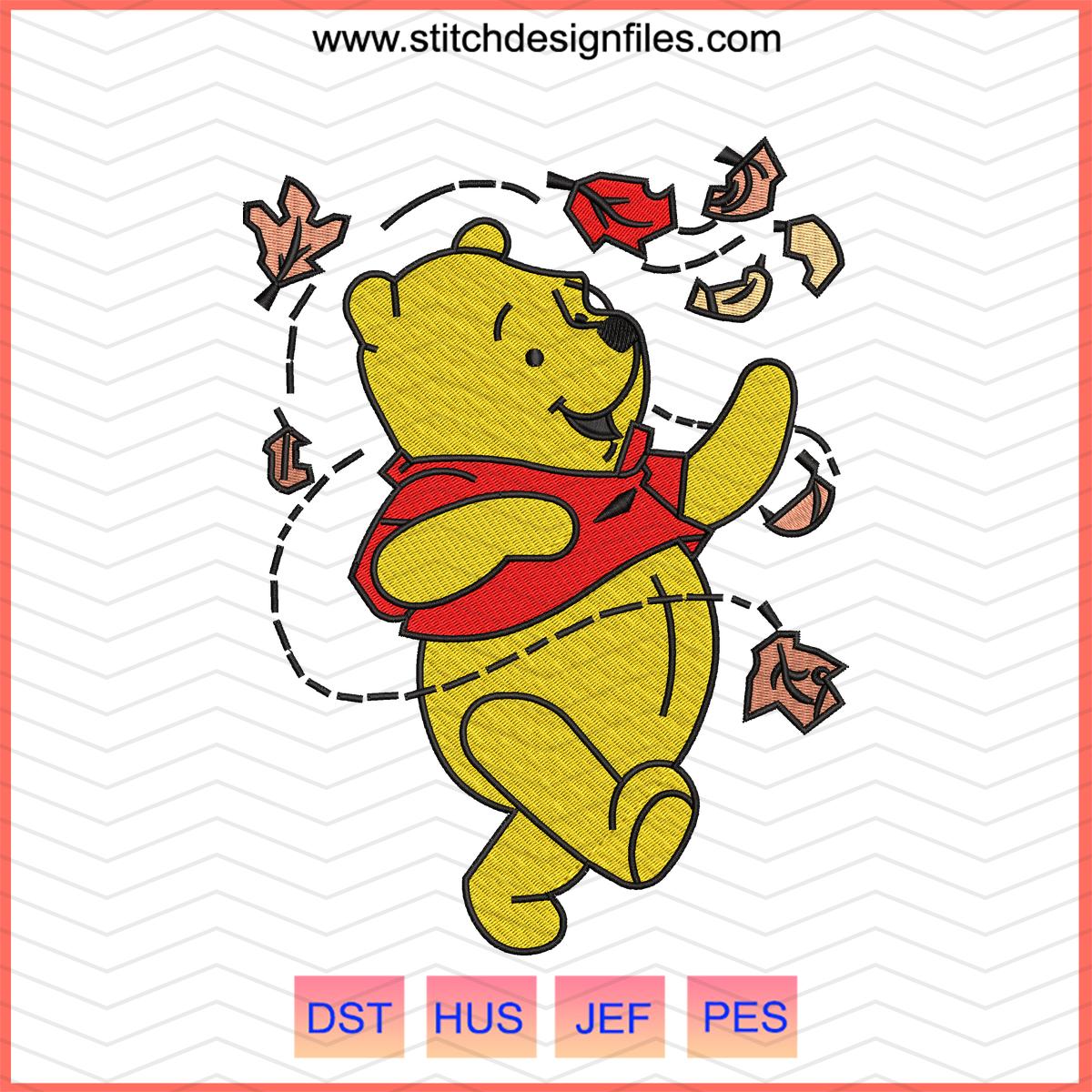 Pooh with Fall Leaves Embroidery Design