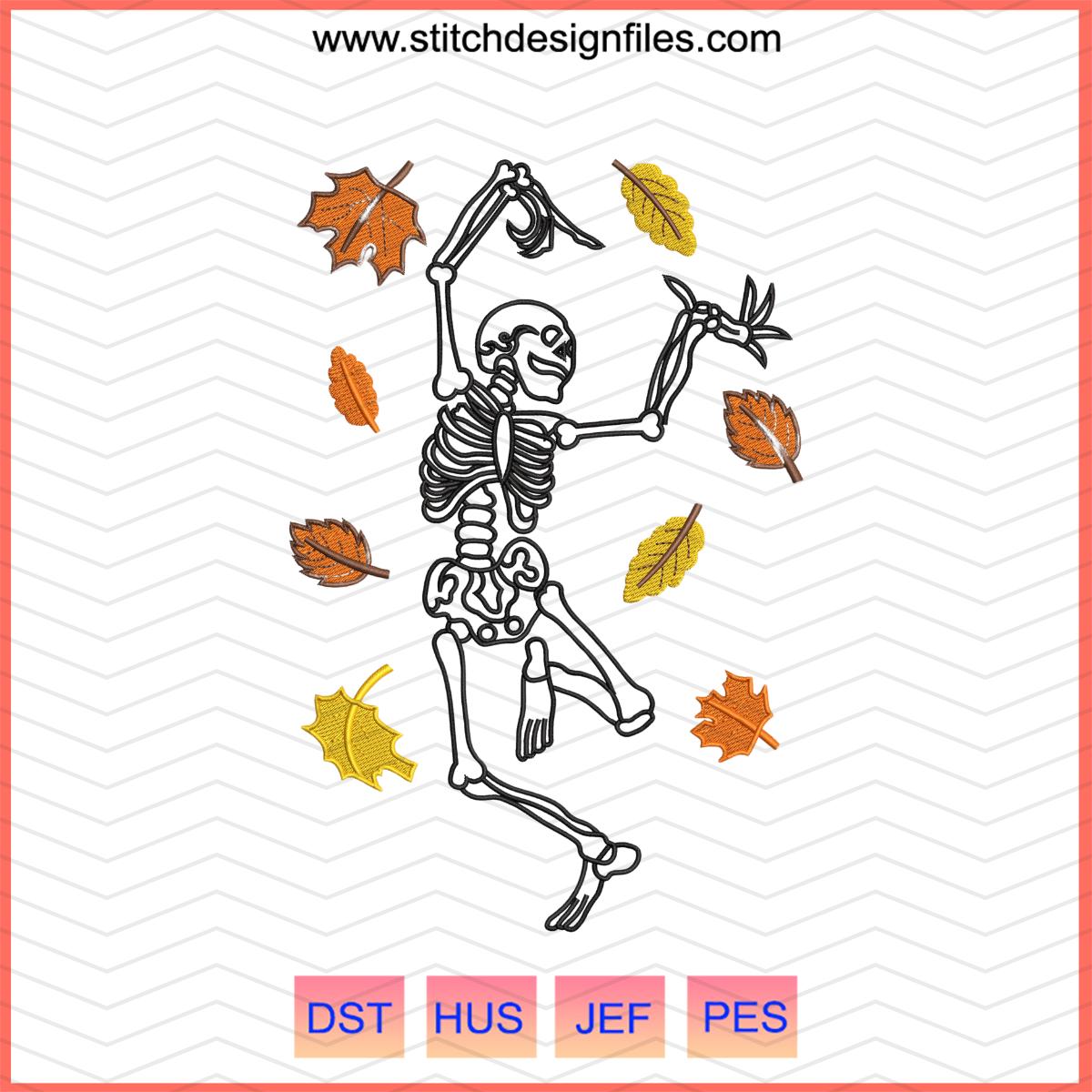 Skeleton with Fall Leaves Embroidery File