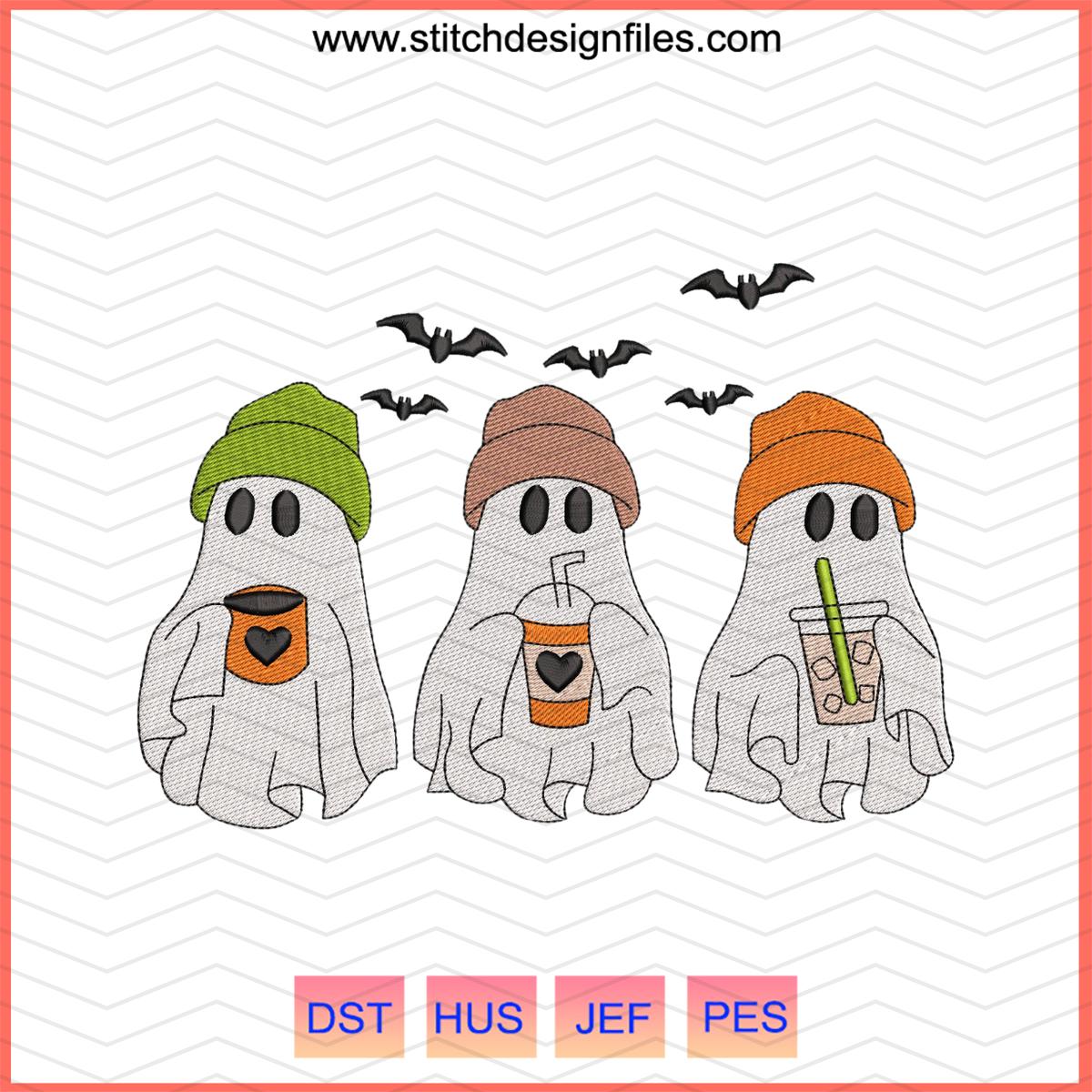 Three Ghost Coffee Cup Halloween Embroidery Design