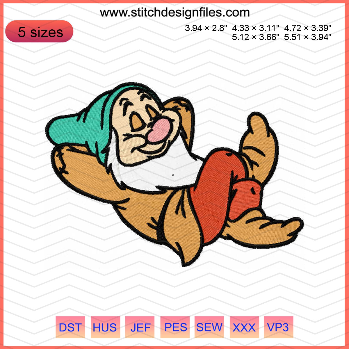 Enchanting Sleepy Bashful embroidery design from Snow White.